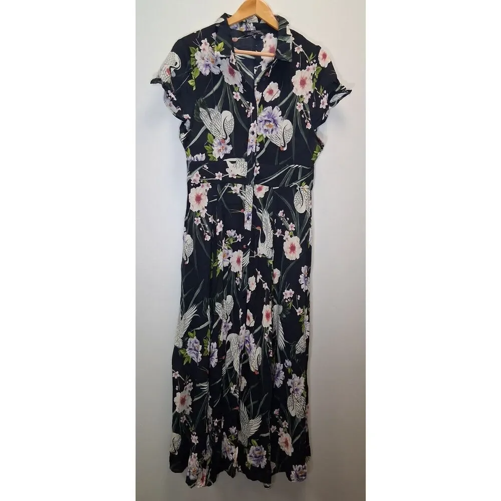 Zara collection womens medium long boho resort maxi dress blue floral beach